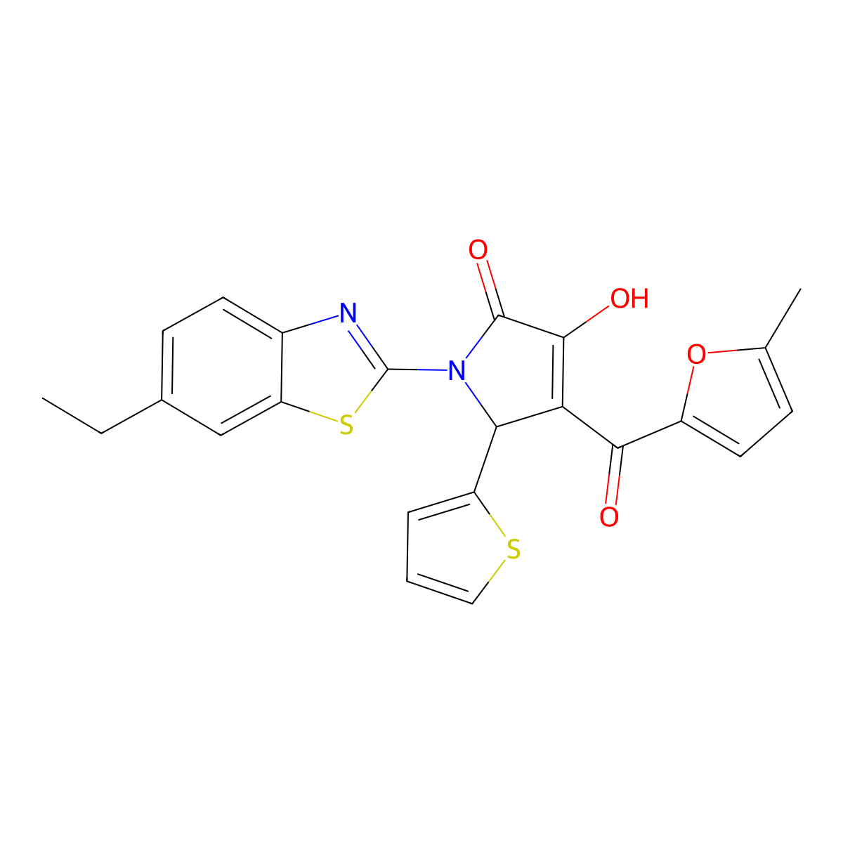 (4E)-1-(6-ethyl-1,3-benzothiazol-2-yl)-4-[hydroxy(5-methylfuran-2-yl)methylidene]-5-(thiophen-2-yl)pyrrolidine-2,3-dione molecular structure, CAS 618416-54-9