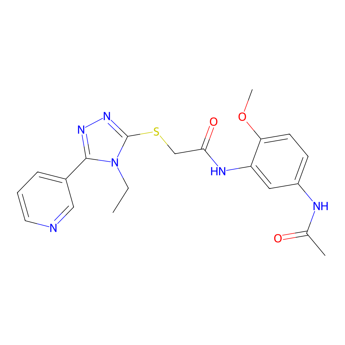 N-(5-(Acetylamino)-2-methoxyphenyl)-2-((4-ethyl-5-(3-pyridinyl)-4H-1,2,4-triazol-3-YL)sulfanyl)acetamide molecular structure, CAS 618426-42-9
