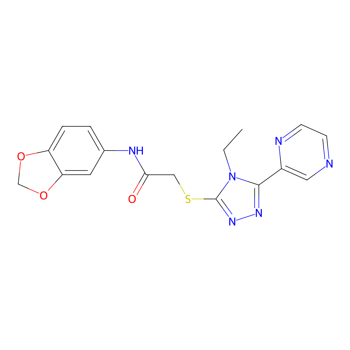 N-(1,3-Benzodioxol-5-YL)-2-{[4-ethyl-5-(2-pyrazinyl)-4H-1,2,4-triazol-3-YL]sulfanyl}acetamide molecular structure, CAS 618427-24-0