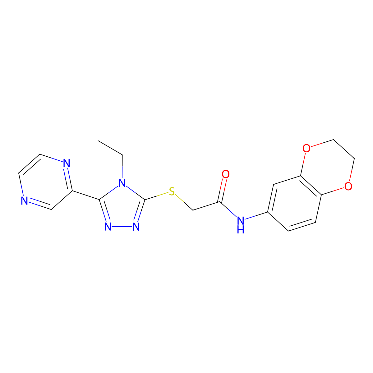 N-(2,3-Dihydro-1,4-benzodioxin-6-YL)-2-((4-ethyl-5-(2-pyrazinyl)-4H-1,2,4-triazol-3-YL)sulfanyl)acetamide molecular structure, CAS 618427-26-2