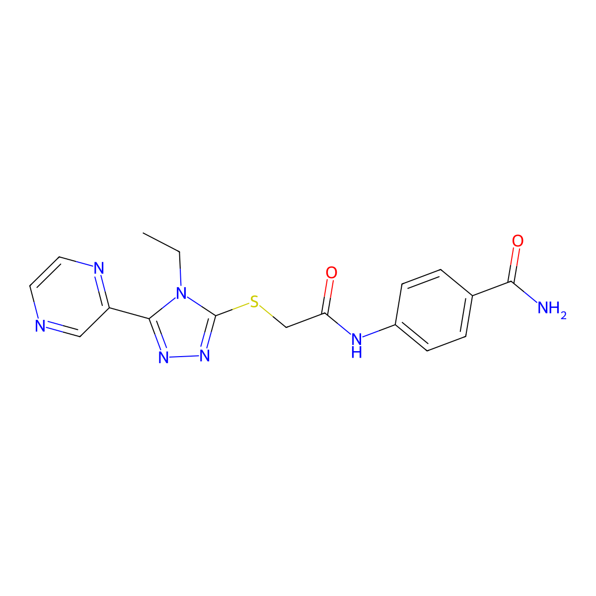 4-((((4-Ethyl-5-(2-pyrazinyl)-4H-1,2,4-triazol-3-YL)thio)acetyl)amino)benzamide molecular structure, CAS 618427-28-4
