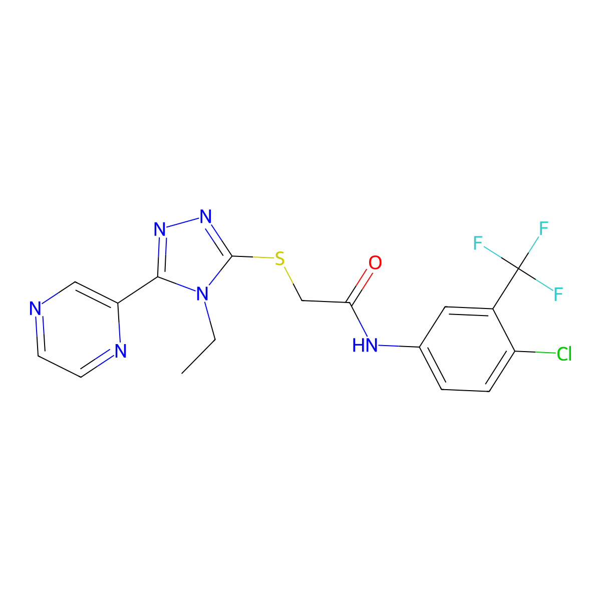 N-(4-Chloro-3-(trifluoromethyl)phenyl)-2-((4-ethyl-5-(2-pyrazinyl)-4H-1,2,4-triazol-3-YL)sulfanyl)acetamide molecular structure, CAS 618427-30-8