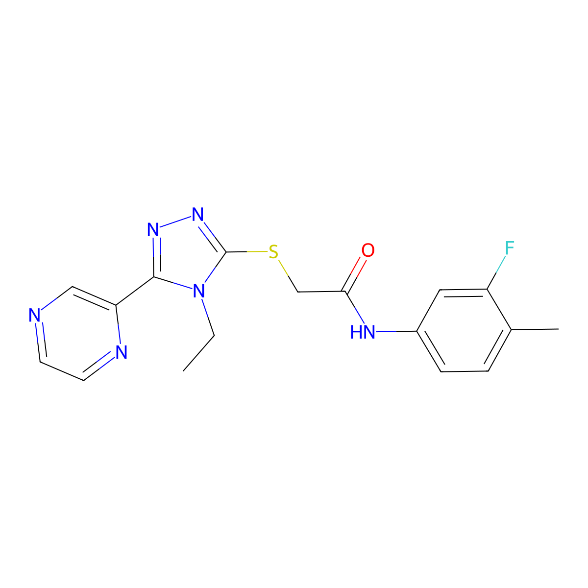 2-((4-Ethyl-5-(2-pyrazinyl)-4H-1,2,4-triazol-3-YL)sulfanyl)-N-(3-fluoro-4-methylphenyl)acetamide molecular structure, CAS 618427-31-9