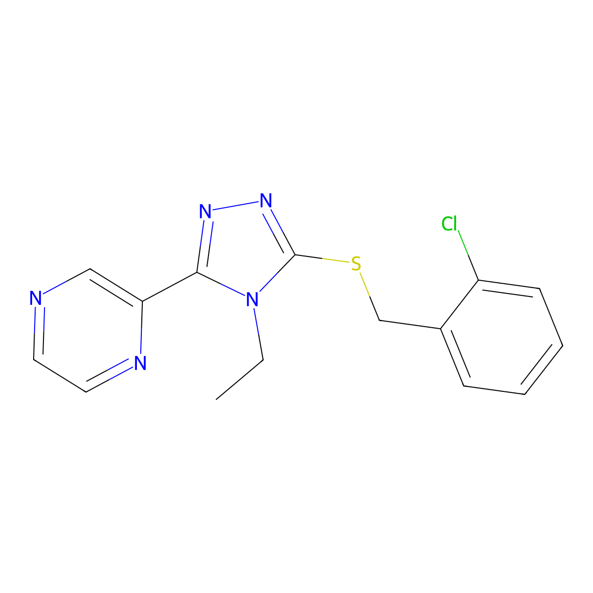 2-(5-((2-Chlorobenzyl)thio)-4-ethyl-4H-1,2,4-triazol-3-YL)pyrazine molecular structure, CAS 618427-46-6