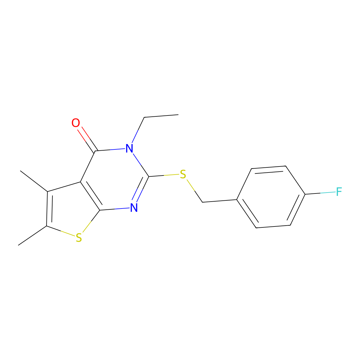 3-Ethyl-2-((4-fluorobenzyl)thio)-5,6-dimethylthieno(2,3-D)pyrimidin-4(3H)-one molecular structure, CAS 618427-51-3