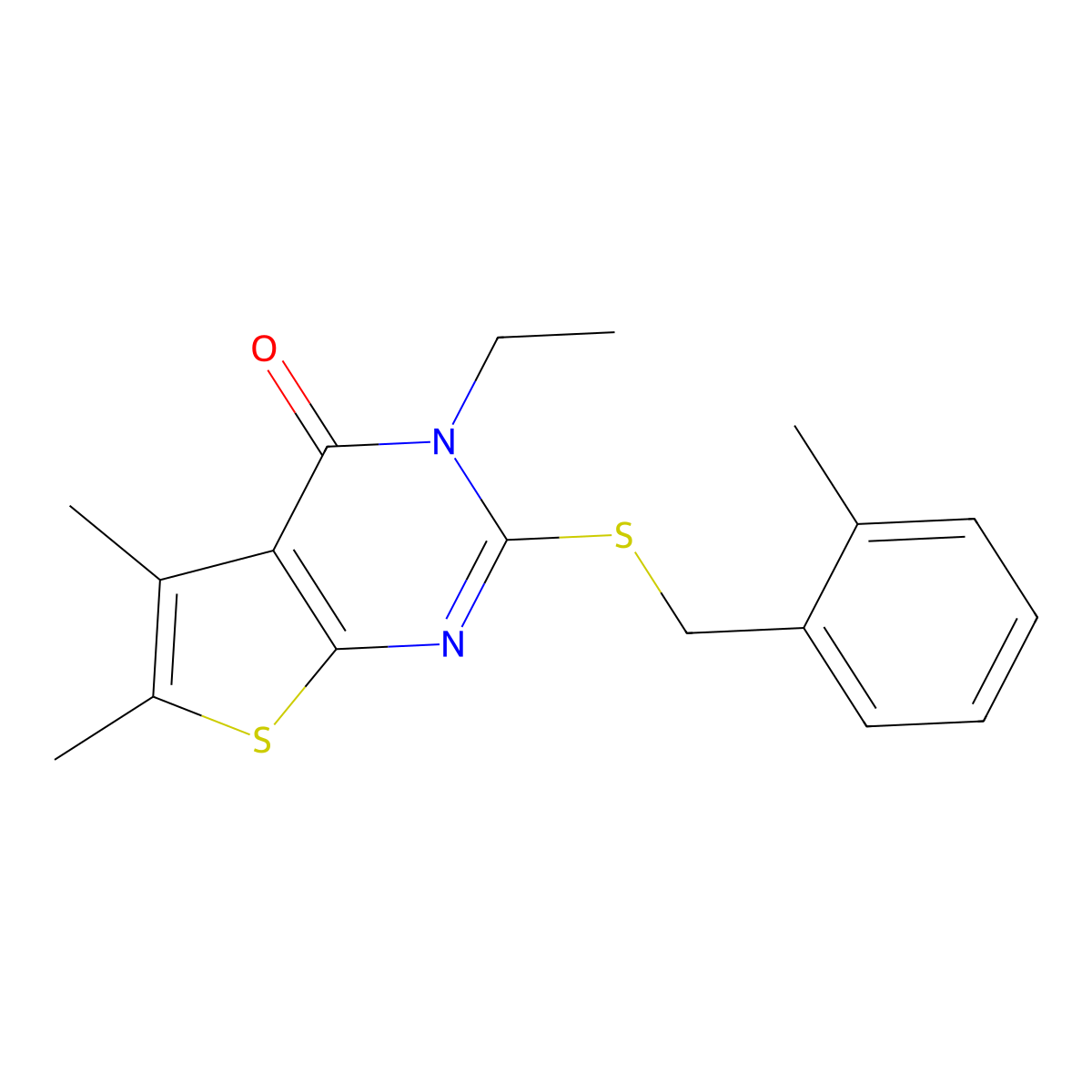 3-Ethyl-5,6-dimethyl-2-((2-methylbenzyl)thio)thieno(2,3-D)pyrimidin-4(3H)-one molecular structure, CAS 618427-53-5