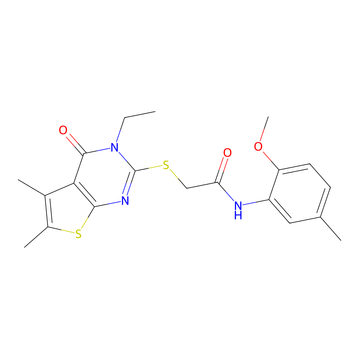 2-((3-Ethyl-5,6-dimethyl-4-oxo-3,4-dihydrothieno(2,3-D)pyrimidin-2-YL)sulfanyl)-N-(2-methoxy-5-methylphenyl)acetamide molecular structure, CAS 618427-55-7