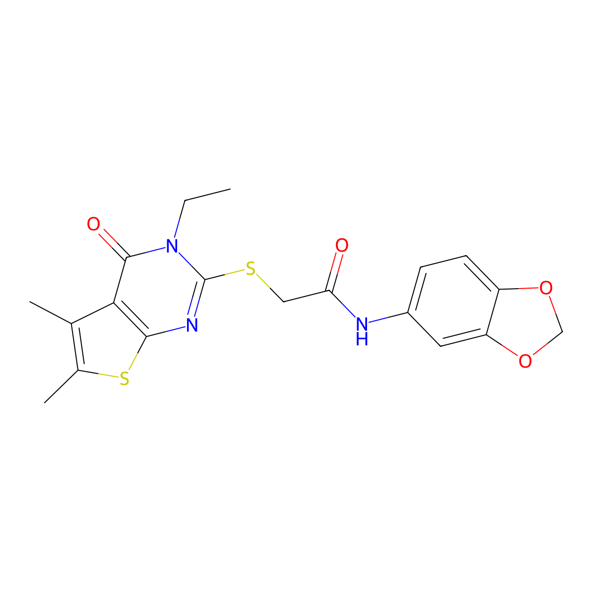 N-(1,3-Benzodioxol-5-YL)-2-[(3-ethyl-5,6-dimethyl-4-oxo-3,4-dihydrothieno[2,3-D]pyrimidin-2-YL)sulfanyl]acetamide molecular structure, CAS 618427-56-8