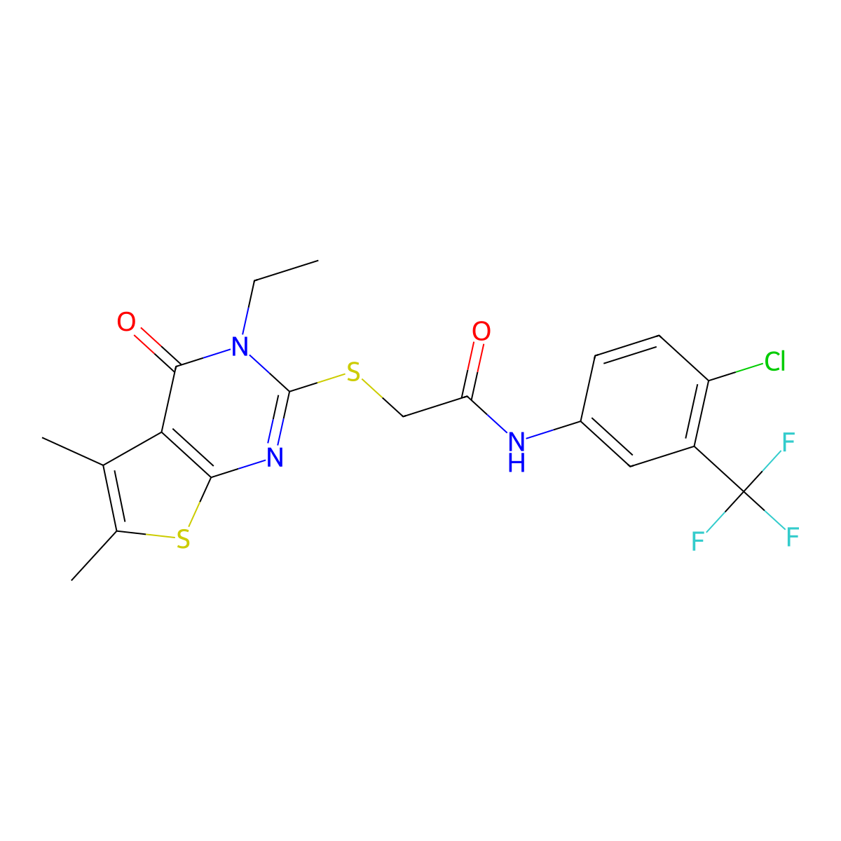 N-(4-Chloro-3-(trifluoromethyl)phenyl)-2-((3-ethyl-5,6-dimethyl-4-oxo-3,4-dihydrothieno(2,3-D)pyrimidin-2-YL)sulfanyl)acetamide molecular structure, CAS 618427-57-9