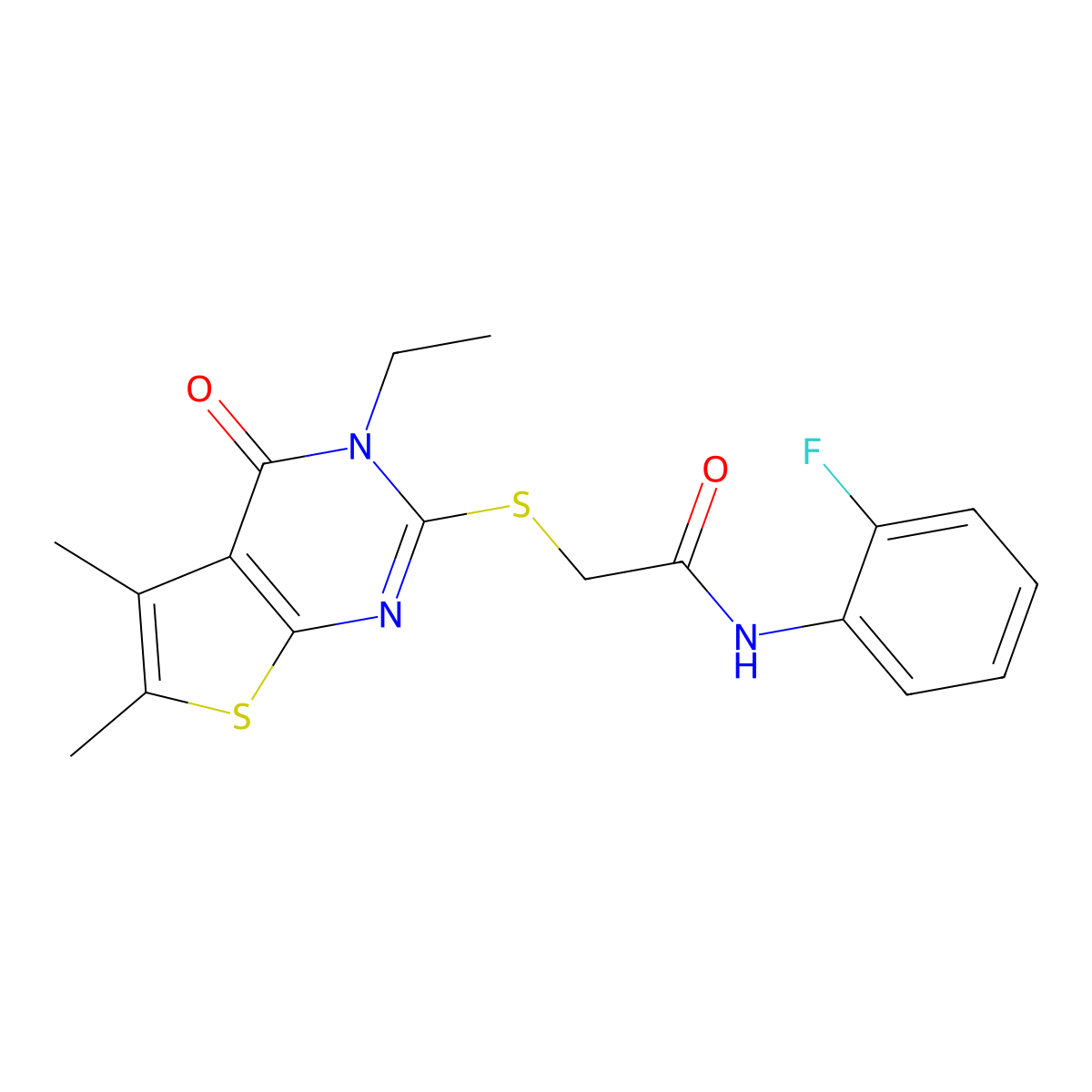 2-[(3-Ethyl-5,6-dimethyl-4-oxo-3,4-dihydrothieno[2,3-D]pyrimidin-2-YL)sulfanyl]-N-(2-fluorophenyl)acetamide molecular structure, CAS 618427-58-0