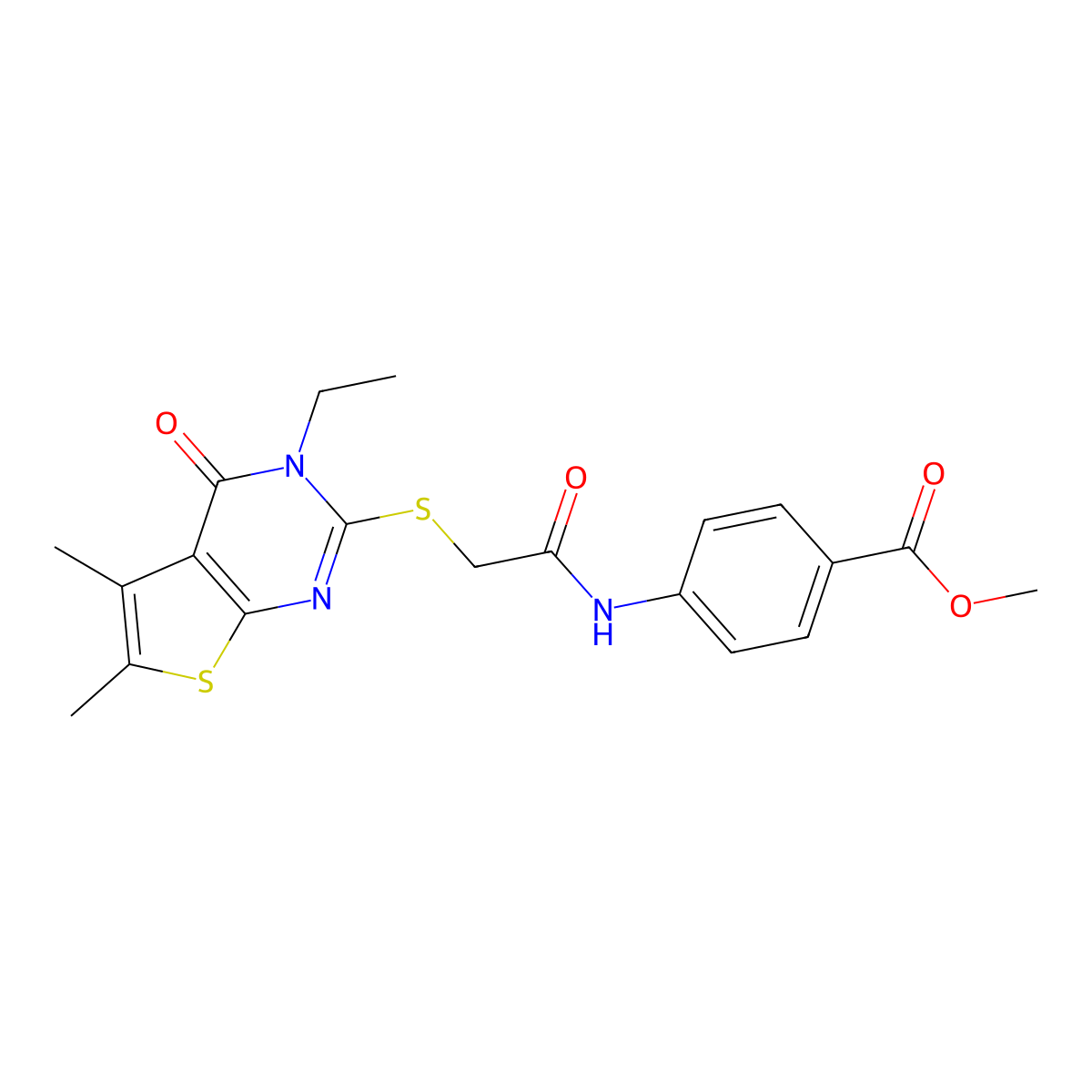 Methyl 4-((((3-ethyl-5,6-dimethyl-4-oxo-3,4-dihydrothieno(2,3-D)pyrimidin-2-YL)sulfanyl)acetyl)amino)benzoate molecular structure, CAS 618427-61-5