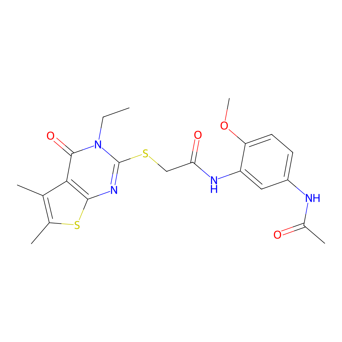 N-(5-(Acetylamino)-2-methoxyphenyl)-2-((3-ethyl-5,6-dimethyl-4-oxo-3,4-dihydrothieno(2,3-D)pyrimidin-2-YL)sulfanyl)acetamide molecular structure, CAS 618427-62-6