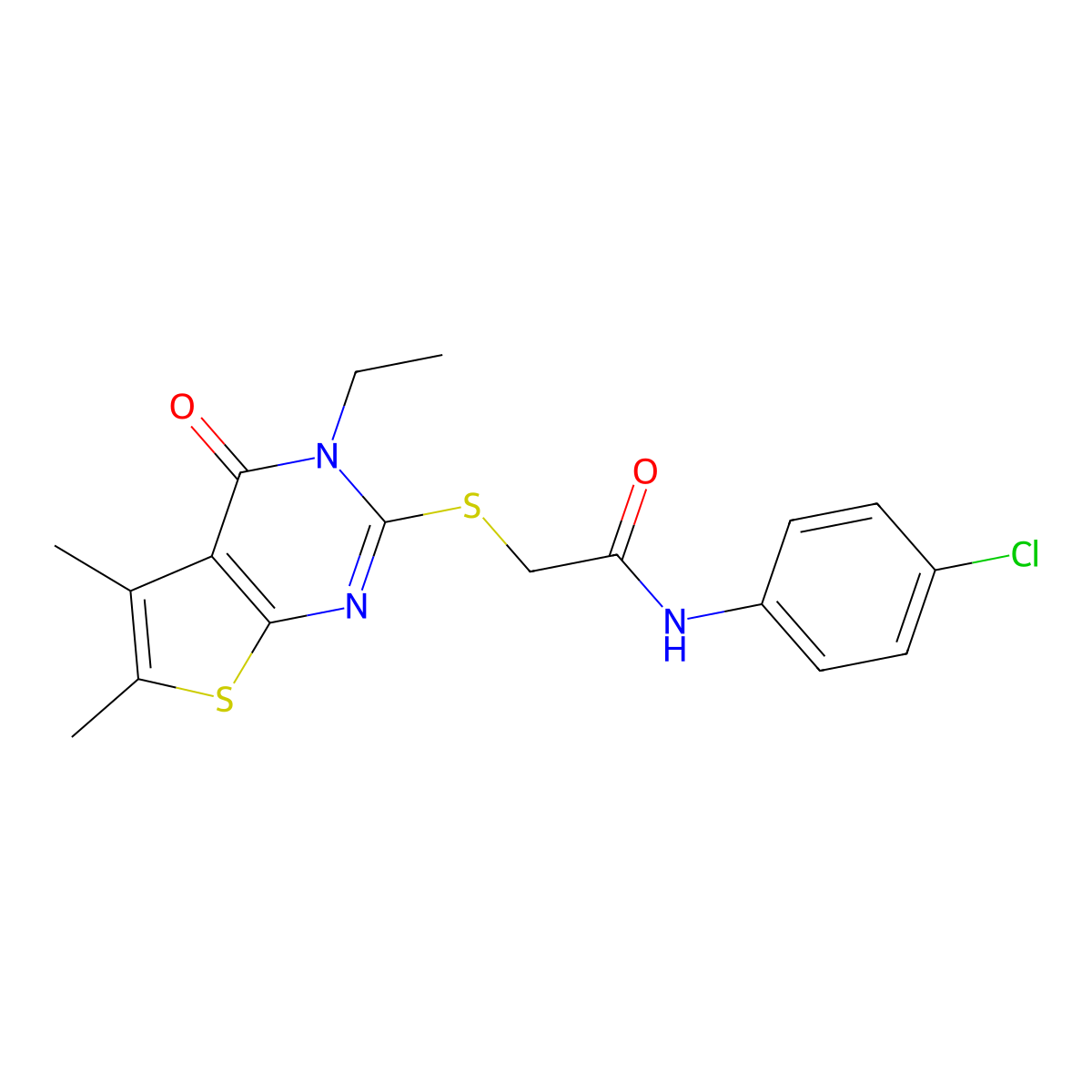 N-(4-Chlorophenyl)-2-((3-ethyl-5,6-dimethyl-4-oxo-3,4-dihydrothieno(2,3-D)pyrimidin-2-YL)sulfanyl)acetamide molecular structure, CAS 618427-67-1