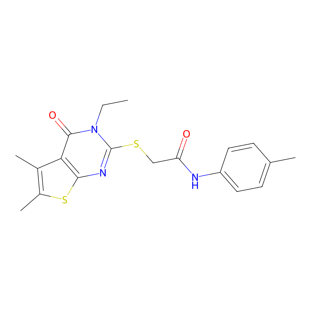 2-[(3-Ethyl-5,6-dimethyl-4-oxo-3,4-dihydrothieno[2,3-D]pyrimidin-2-YL)sulfanyl]-N-(4-methylphenyl)acetamide molecular structure, CAS 618427-68-2