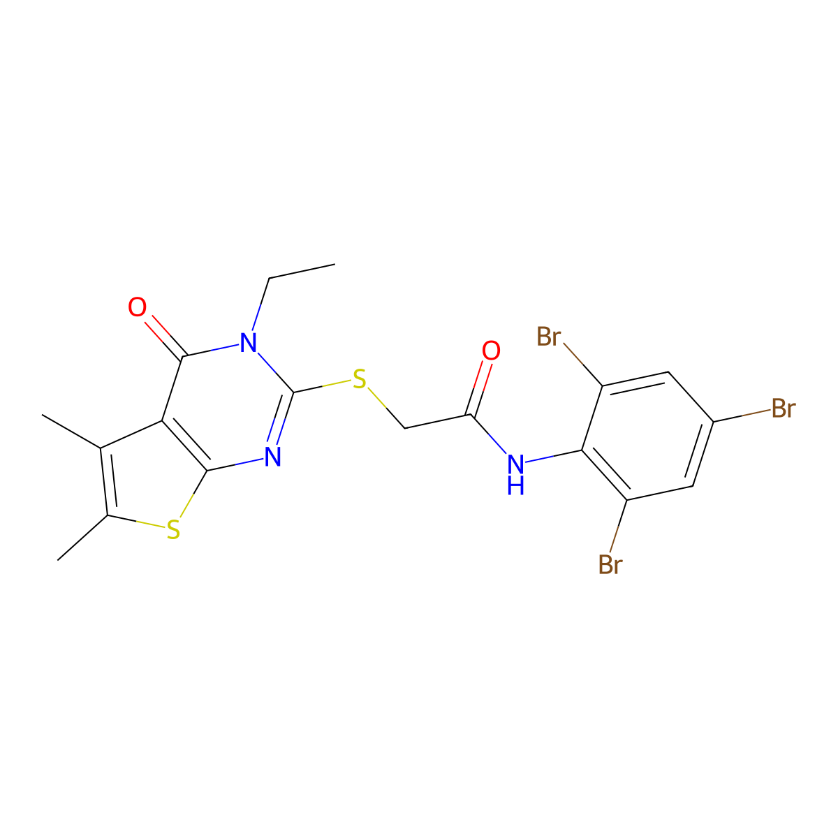 2-((3-Ethyl-5,6-dimethyl-4-oxo-3,4-dihydrothieno(2,3-D)pyrimidin-2-YL)sulfanyl)-N-(2,4,6-tribromophenyl)acetamide molecular structure, CAS 618427-69-3