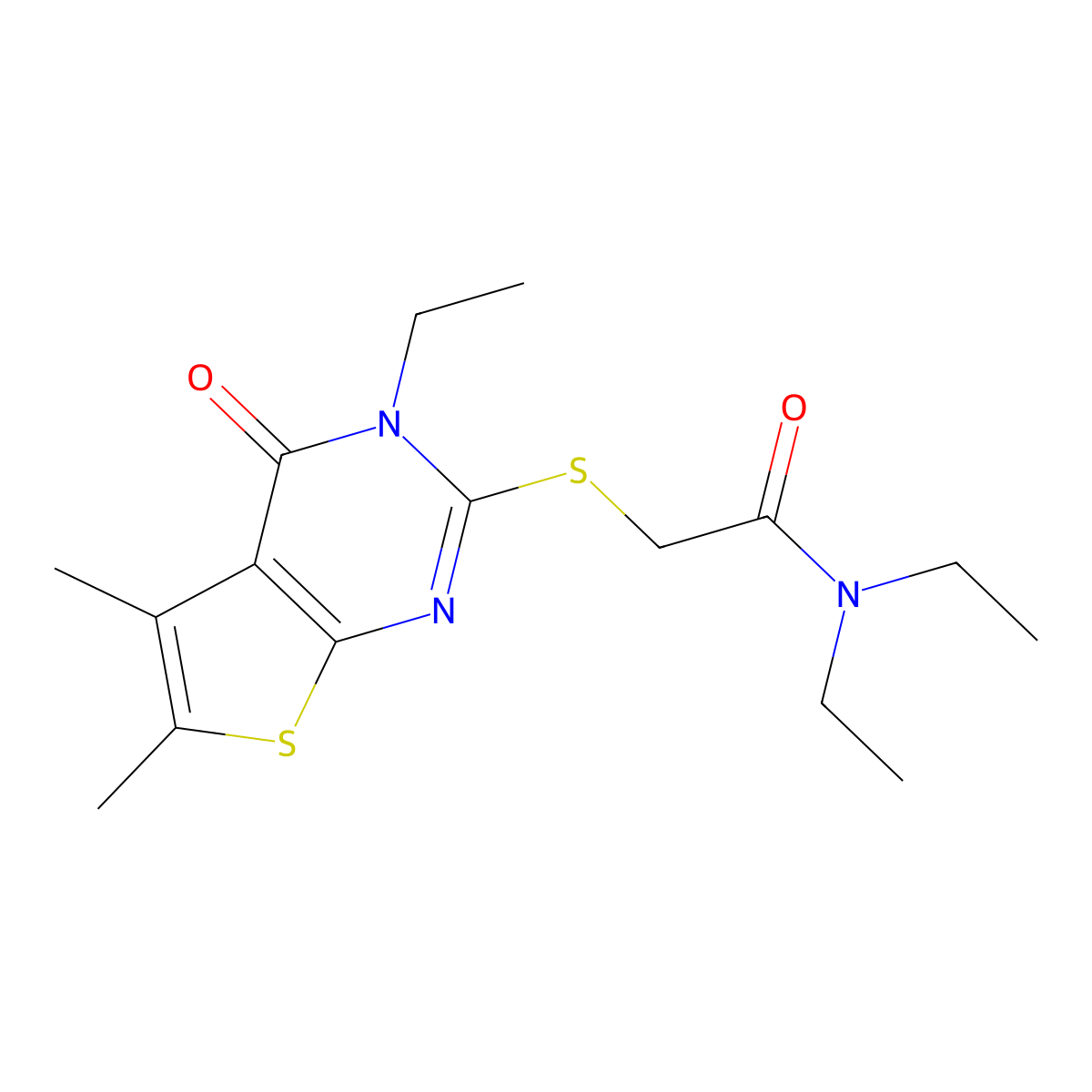N,N-Diethyl-2-((3-ethyl-5,6-dimethyl-4-oxo-3,4-dihydrothieno(2,3-D)pyrimidin-2-YL)sulfanyl)acetamide molecular structure, CAS 618427-70-6