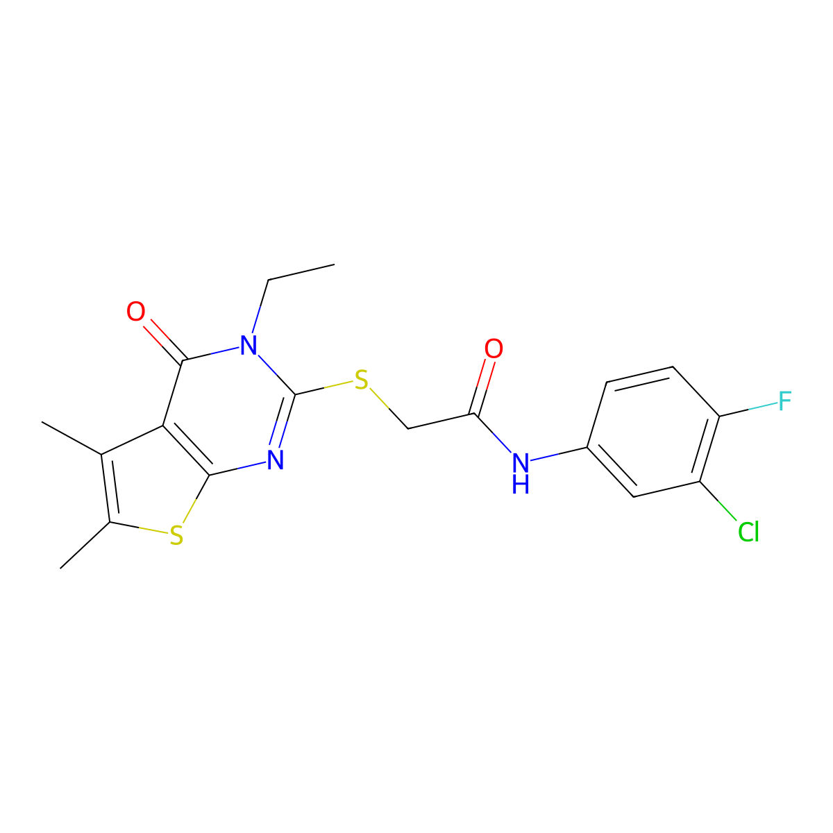 N-(3-Chloro-4-fluorophenyl)-2-((3-ethyl-5,6-dimethyl-4-oxo-3,4-dihydrothieno(2,3-D)pyrimidin-2-YL)sulfanyl)acetamide molecular structure, CAS 618427-71-7