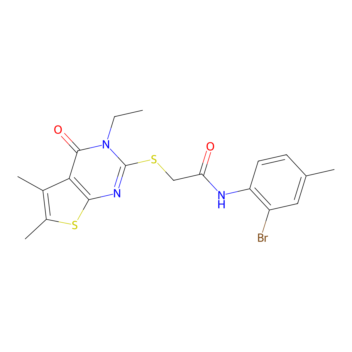 N-(2-Bromo-4-methylphenyl)-2-((3-ethyl-5,6-dimethyl-4-oxo-3,4-dihydrothieno(2,3-D)pyrimidin-2-YL)sulfanyl)acetamide molecular structure, CAS 618427-73-9