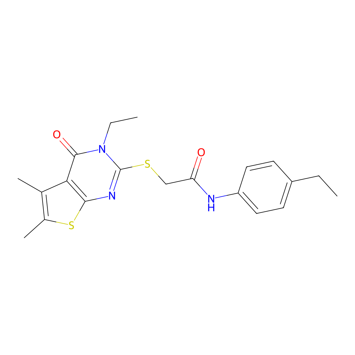 2-((3-Ethyl-5,6-dimethyl-4-oxo-3,4-dihydrothieno(2,3-D)pyrimidin-2-YL)sulfanyl)-N-(4-ethylphenyl)acetamide molecular structure, CAS 618427-74-0
