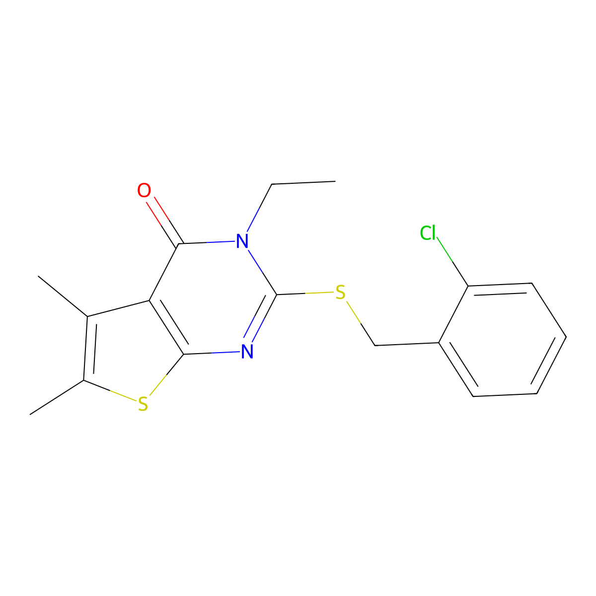 2-((2-Chlorobenzyl)thio)-3-ethyl-5,6-dimethylthieno(2,3-D)pyrimidin-4(3H)-one molecular structure, CAS 618427-75-1