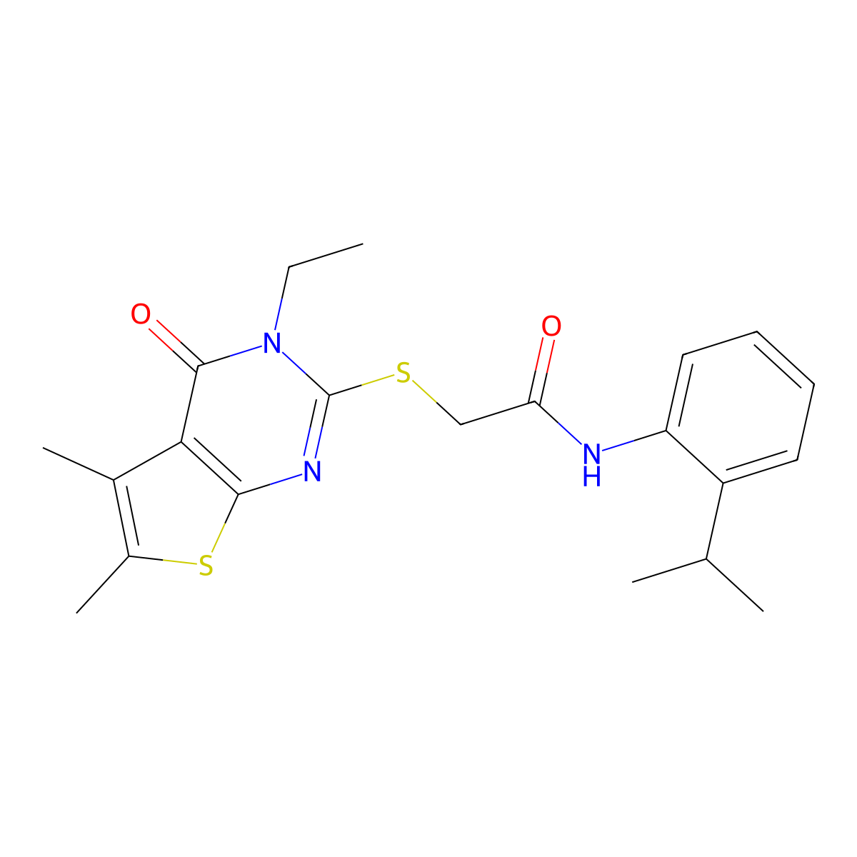 2-((3-Ethyl-5,6-dimethyl-4-oxo-3,4-dihydrothieno(2,3-D)pyrimidin-2-YL)sulfanyl)-N-(2-isopropylphenyl)acetamide molecular structure, CAS 618427-77-3