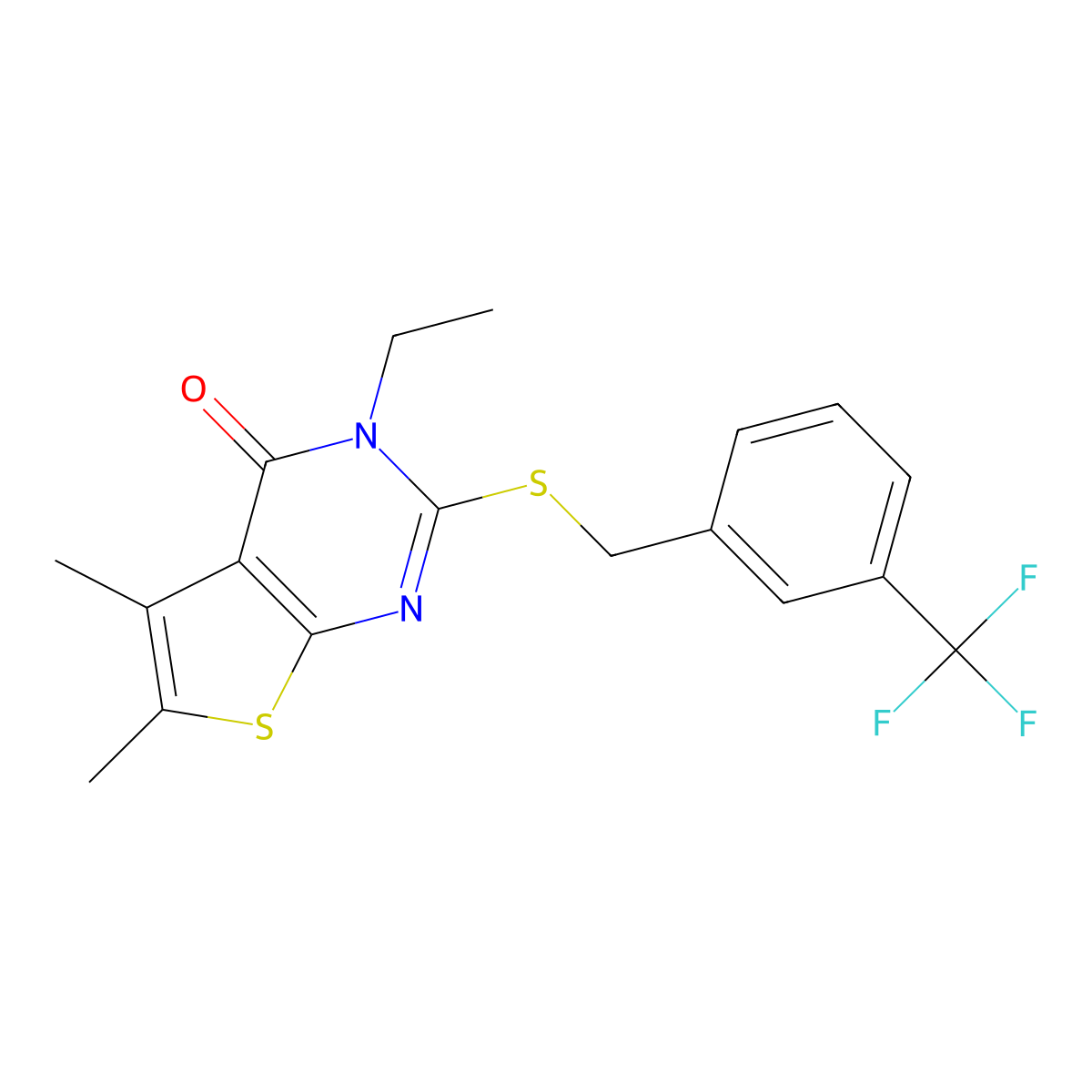3-Ethyl-5,6-dimethyl-2-{[3-(trifluoromethyl)benzyl]sulfanyl}thieno[2,3-D]pyrimidin-4(3H)-one molecular structure, CAS 618427-78-4