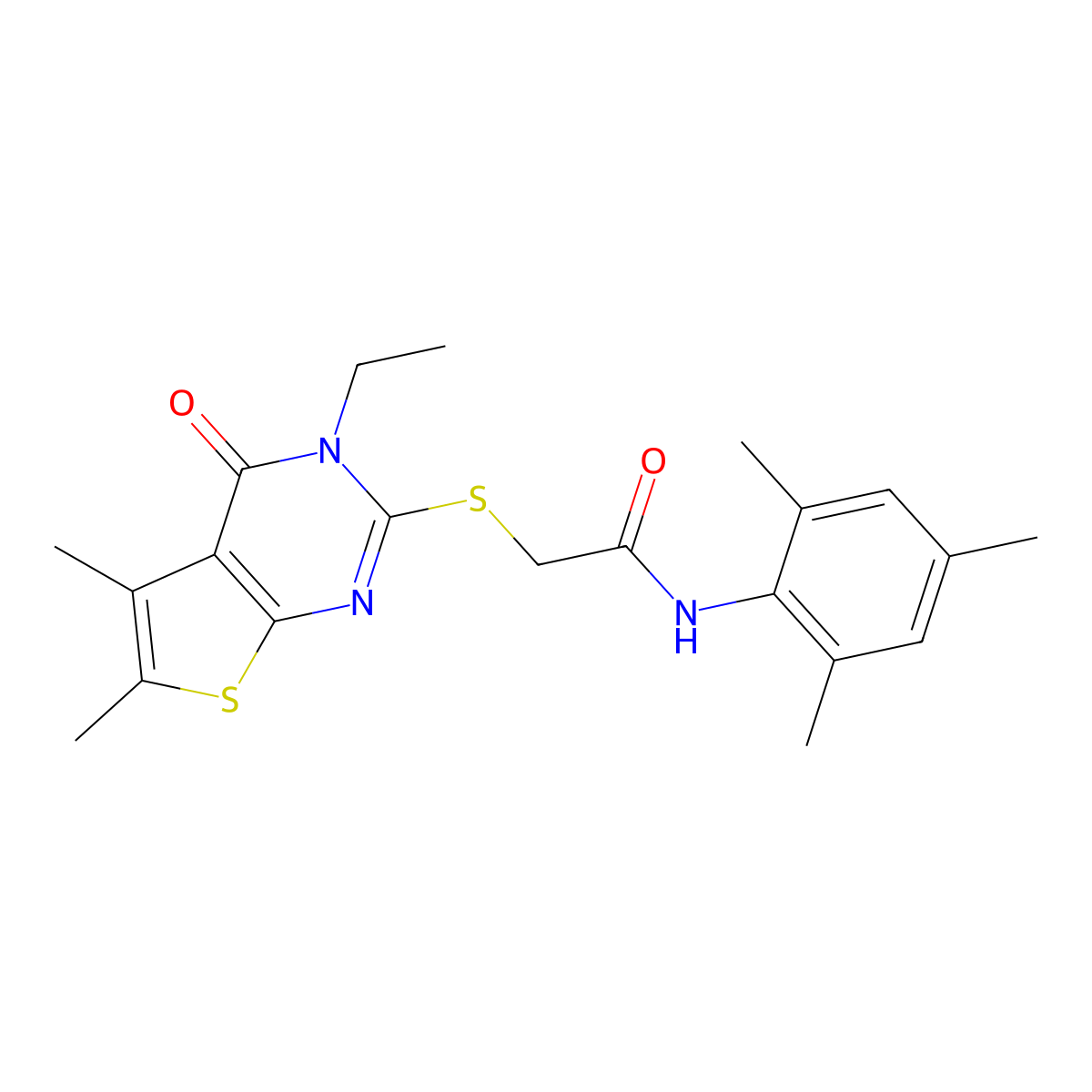 2-((3-Ethyl-5,6-dimethyl-4-oxo-3,4-dihydrothieno(2,3-D)pyrimidin-2-YL)sulfanyl)-N-mesitylacetamide molecular structure, CAS 618427-80-8