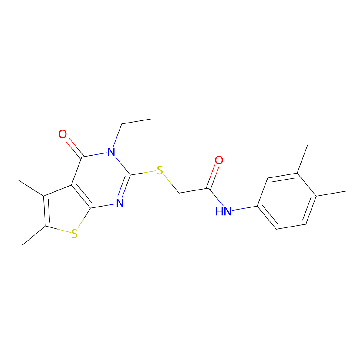 N-(3,4-Dimethylphenyl)-2-[(3-ethyl-5,6-dimethyl-4-oxo-3,4-dihydrothieno[2,3-D]pyrimidin-2-YL)sulfanyl]acetamide molecular structure, CAS 618427-81-9