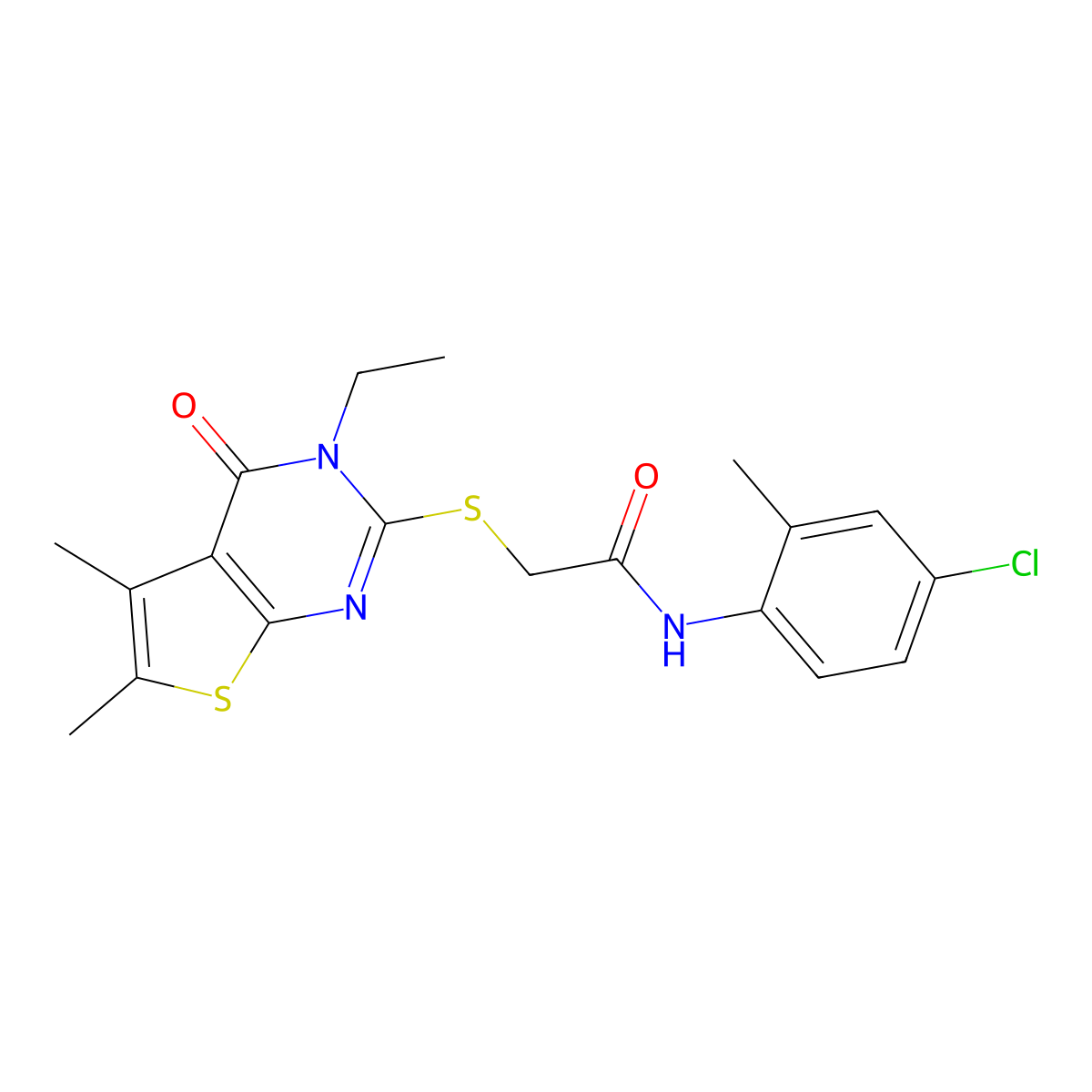 N-(4-Chloro-2-methylphenyl)-2-((3-ethyl-5,6-dimethyl-4-oxo-3,4-dihydrothieno(2,3-D)pyrimidin-2-YL)sulfanyl)acetamide molecular structure, CAS 618427-82-0