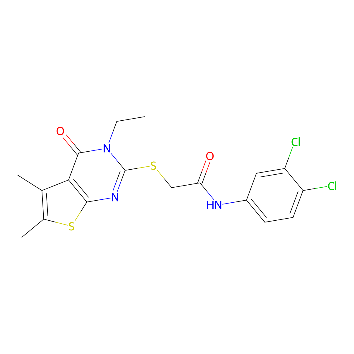 N-(3,4-Dichlorophenyl)-2-((3-ethyl-5,6-dimethyl-4-oxo-3,4-dihydrothieno(2,3-D)pyrimidin-2-YL)sulfanyl)acetamide molecular structure, CAS 618427-83-1