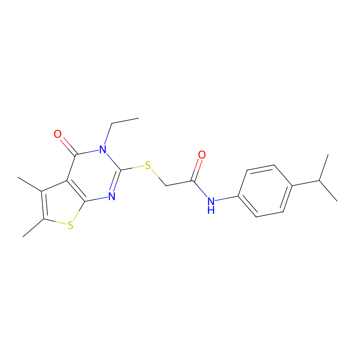 2-[(3-Ethyl-5,6-dimethyl-4-oxo-3,4-dihydrothieno[2,3-D]pyrimidin-2-YL)sulfanyl]-N-(4-isopropylphenyl)acetamide molecular structure, CAS 618427-84-2
