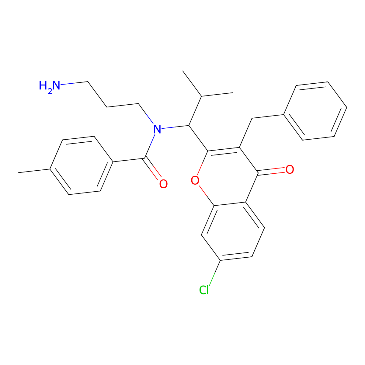 N-(3-aminopropyl)-N-[1-(3-benzyl-7-chloro-4-oxo-chromen-2-yl)-2-methyl-propyl]-4-methyl-benzamide molecular structure, CAS 618430-34-5