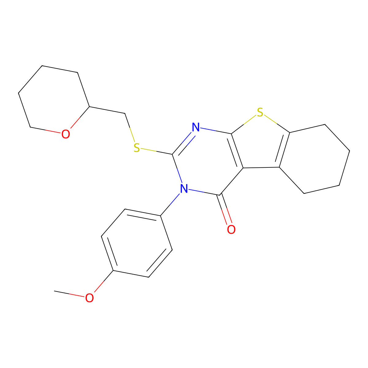 3-(4-Methoxyphenyl)-2-(((tetrahydro-2H-pyran-2-yl)methyl)thio)-5,6,7,8-tetrahydrobenzo[4,5]thieno[2,3-d]pyrimidin-4(3H)-one molecular structure, CAS 618431-95-1