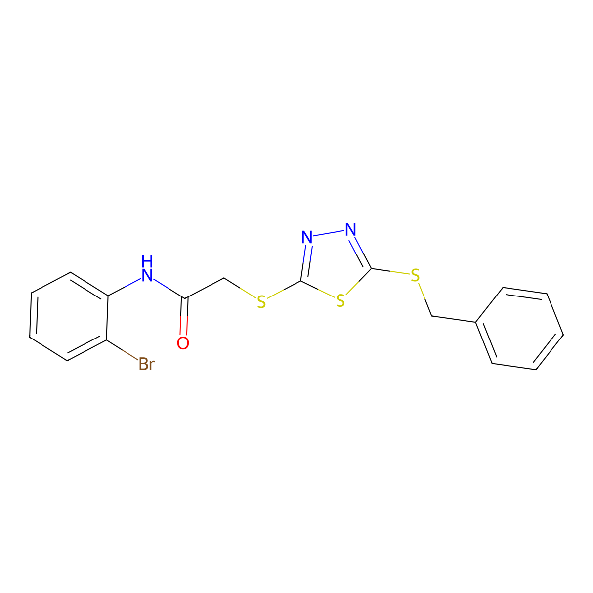 2-((5-(Benzylthio)-1,3,4-thiadiazol-2-YL)thio)-N-(2-bromophenyl)acetamide molecular structure, CAS 618432-03-4