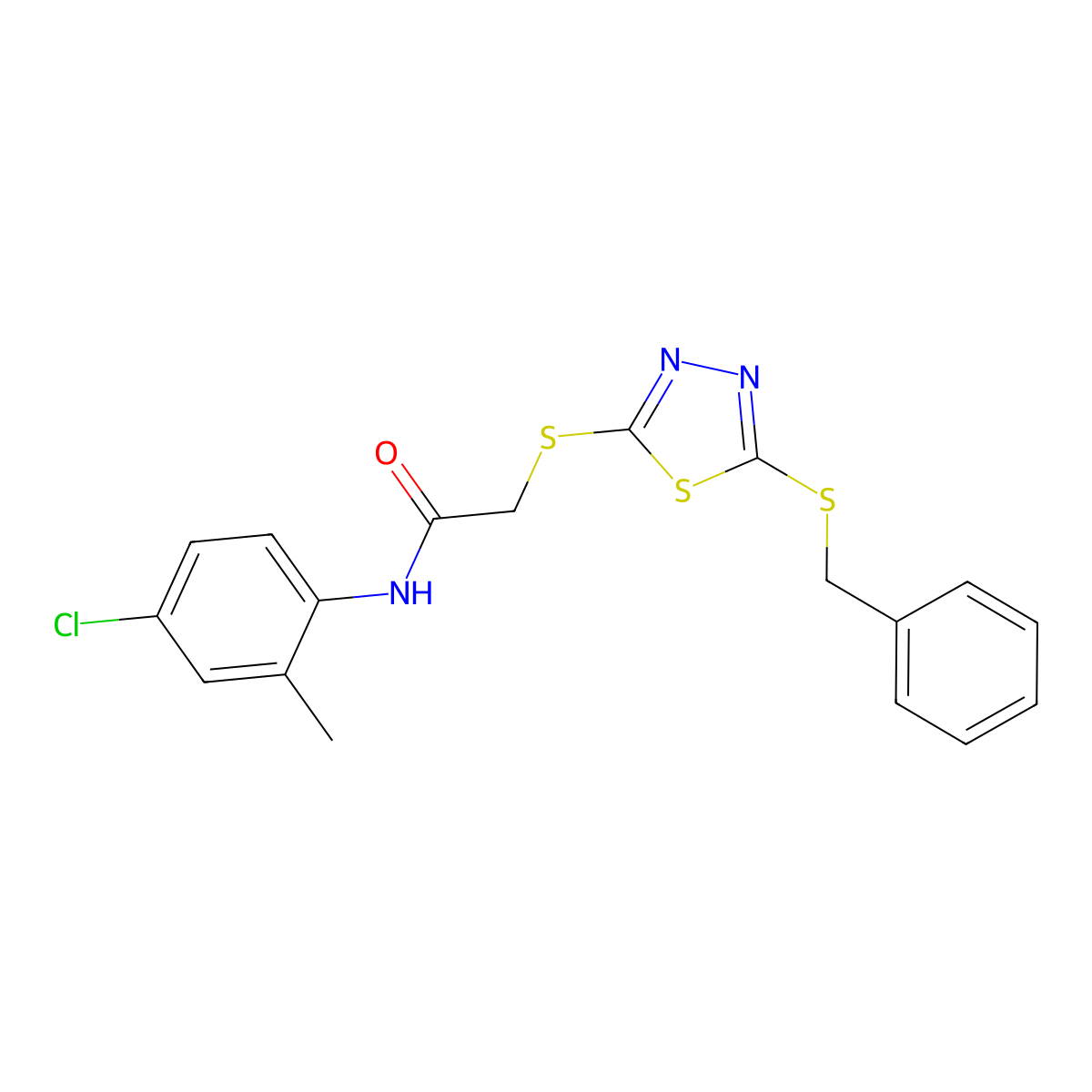 2-((5-(Benzylthio)-1,3,4-thiadiazol-2-YL)thio)-N-(4-CL-2-methylphenyl)acetamide molecular structure, CAS 618432-04-5