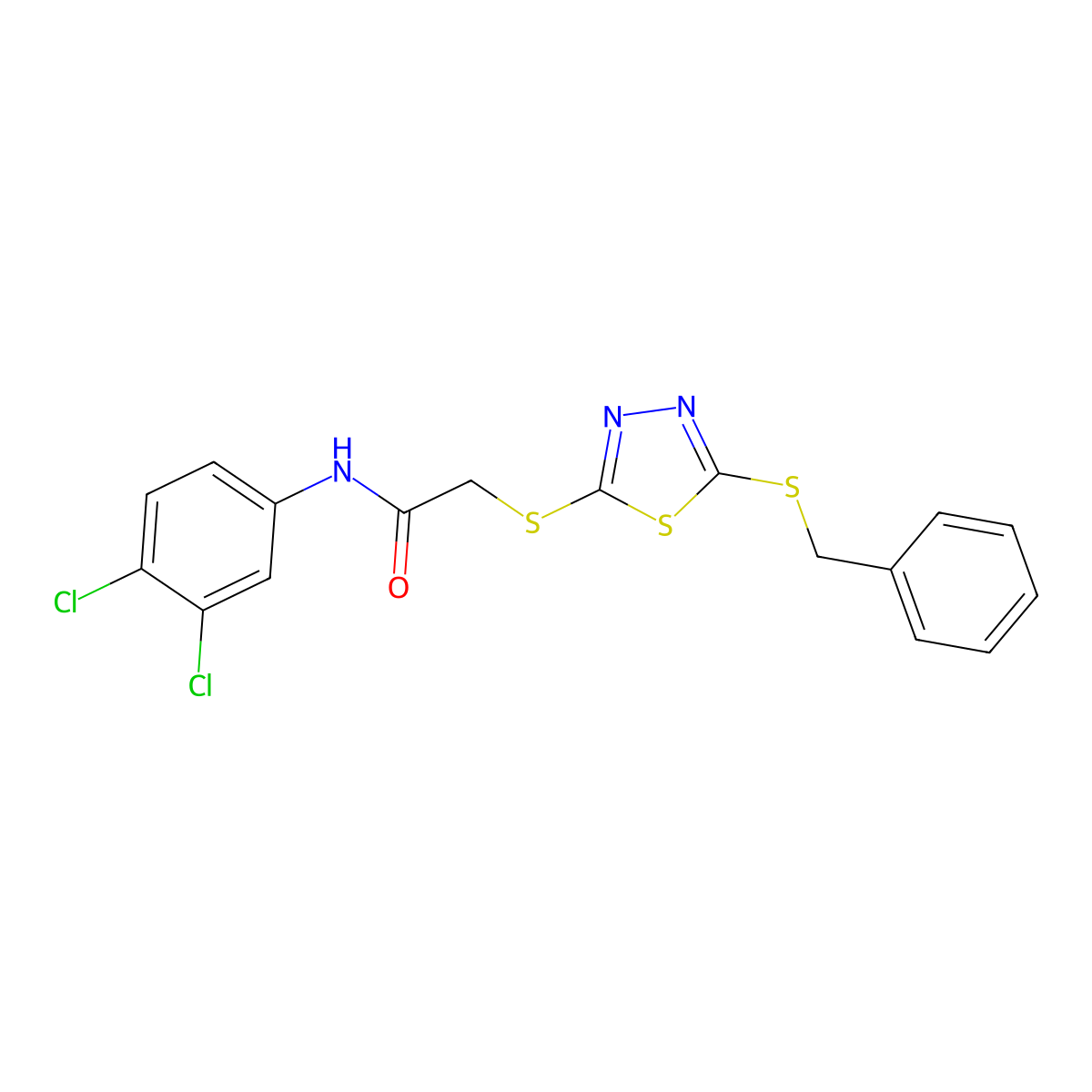 2-((5-(Benzylthio)-1,3,4-thiadiazol-2-YL)thio)-N-(3,4-dichlorophenyl)acetamide molecular structure, CAS 618432-05-6