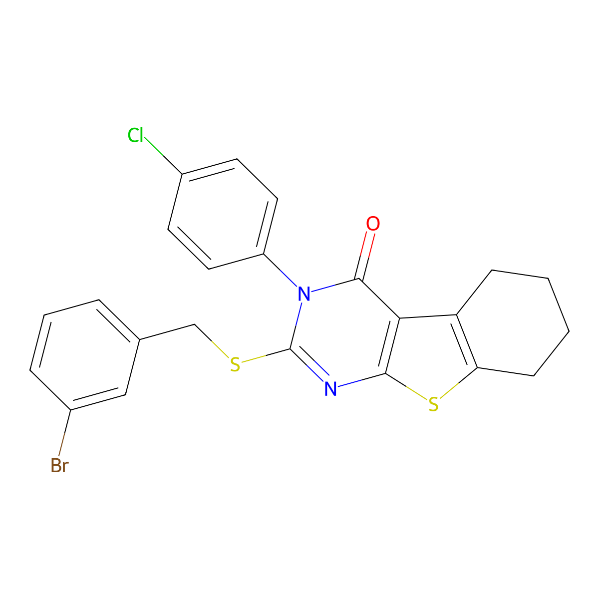 2-[(3-Bromobenzyl)sulfanyl]-3-(4-chlorophenyl)-5,6,7,8-tetrahydro[1]benzothieno[2,3-D]pyrimidin-4(3H)-one molecular structure, CAS 618432-12-5