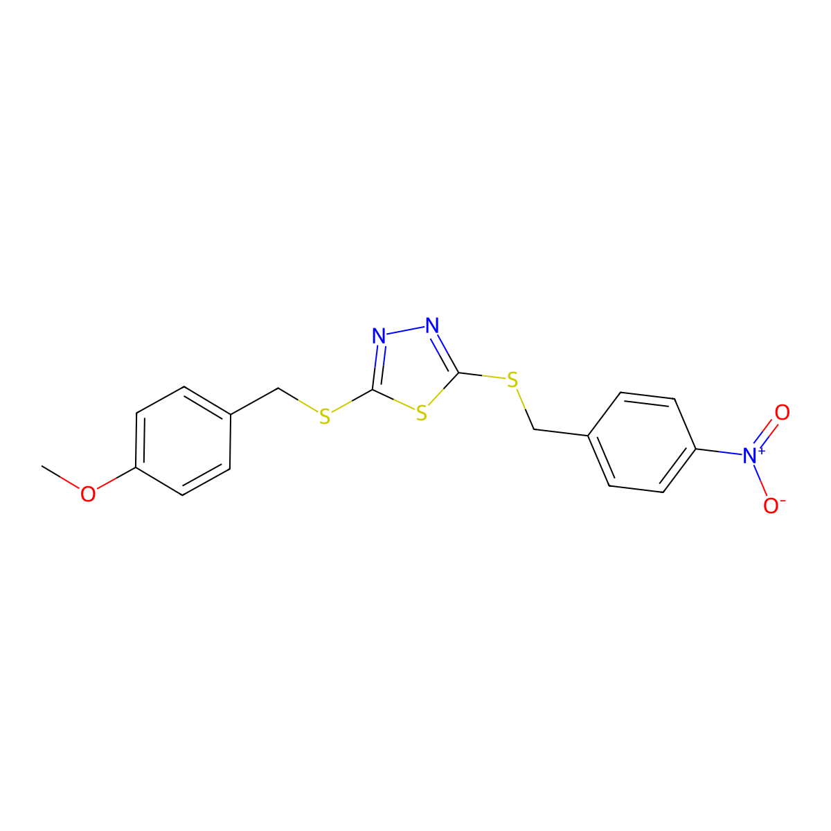 ME 4-(((5-((4-Nitrobenzyl)thio)-1,3,4-thiadiazol-2-YL)thio)methyl)phenyl ether molecular structure, CAS 618432-18-1