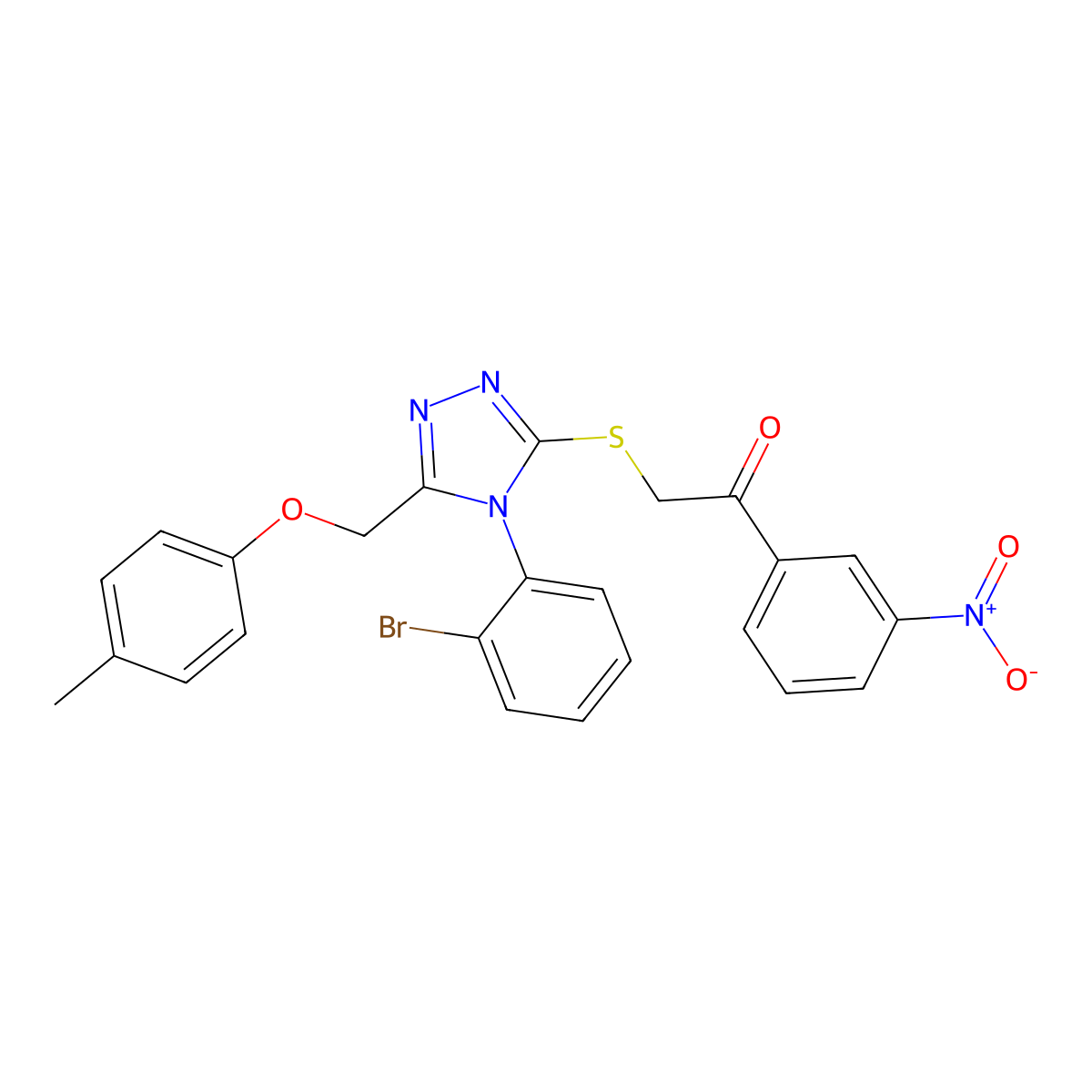 2-({4-(2-Bromophenyl)-5-[(4-methylphenoxy)methyl]-4H-1,2,4-triazol-3-YL}sulfanyl)-1-(3-nitrophenyl)ethanone molecular structure, CAS 618441-34-2