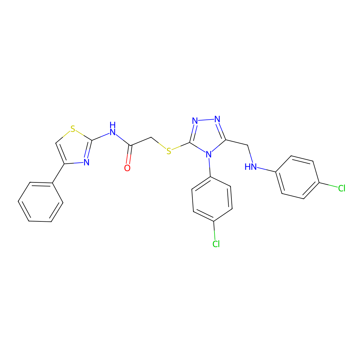 2-((5-((4-Chloroanilino)methyl)-4-(4-chlorophenyl)-4H-1,2,4-triazol-3-YL)sulfanyl)-N-(4-phenyl-1,3-thiazol-2-YL)acetamide molecular structure, CAS 618441-57-9