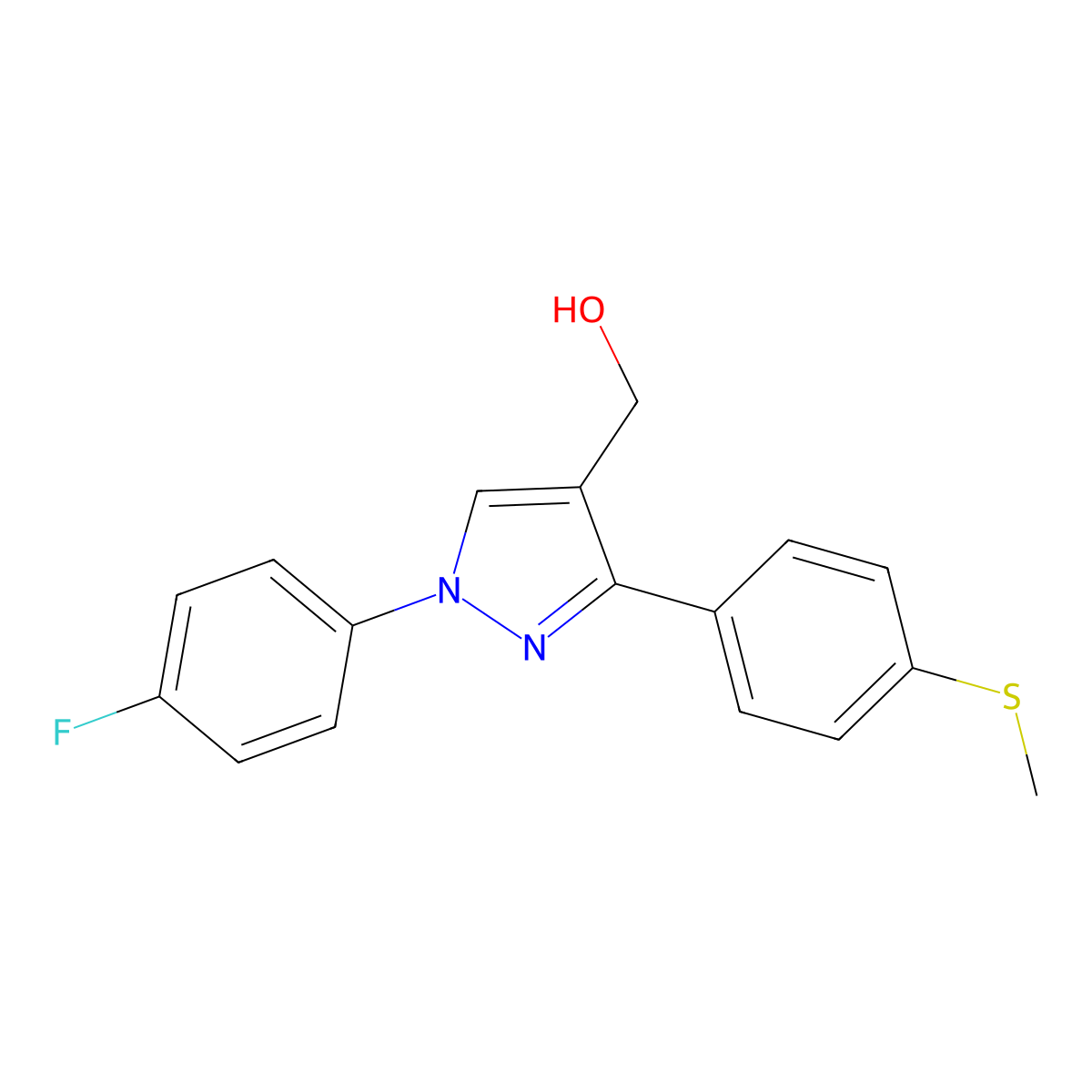 (1-(4-Fluorophenyl)-3-(4-(methylthio)phenyl)-1H-pyrazol-4-YL)methanol molecular structure, CAS 618444-46-5