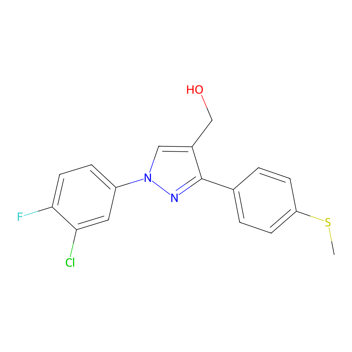 (1-(3-Chloro-4-fluorophenyl)-3-(4-(methylthio)phenyl)-1H-pyrazol-4-YL)methanol molecular structure, CAS 618444-53-4