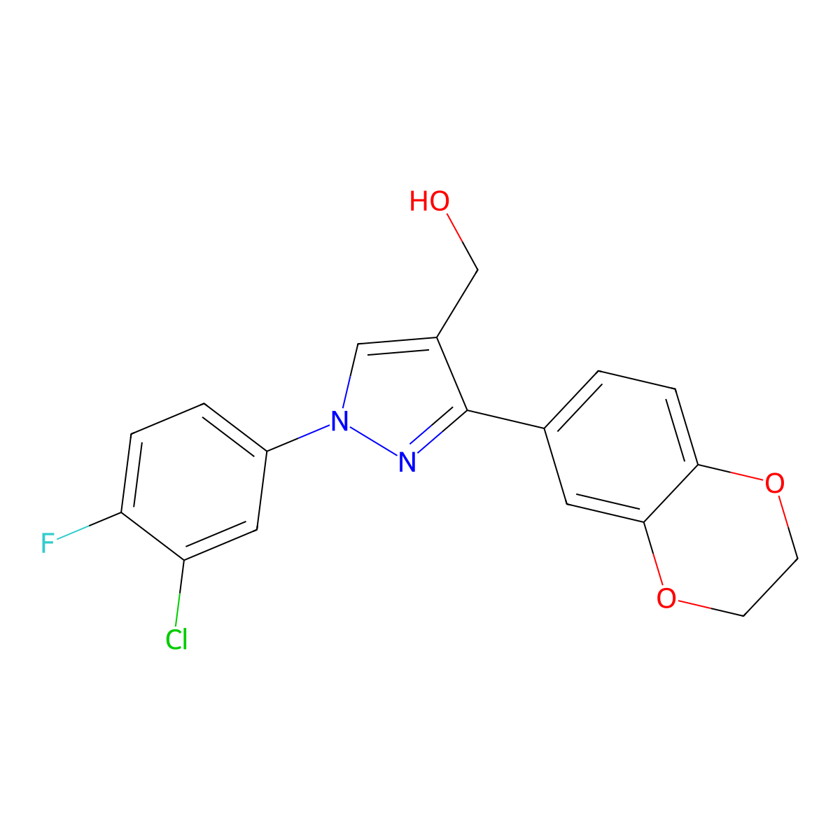 (1-(3-CL-4-F-PH)-3-(2,3-Dihydro-1,4-benzodioxin-6-YL)-1H-pyrazol-4-YL)methanol molecular structure, CAS 618444-59-0