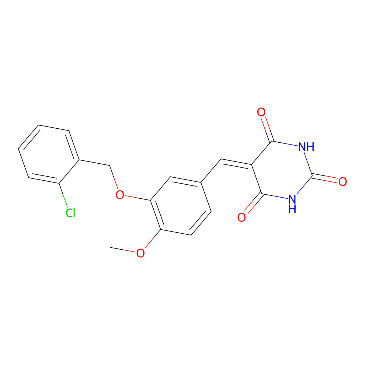 5-({3-[(2-Chlorophenyl)methoxy]-4-methoxyphenyl}methylidene)pyrimidine-2,4,6(1H,3H,5H)-trione molecular structure, CAS 6187-18-4