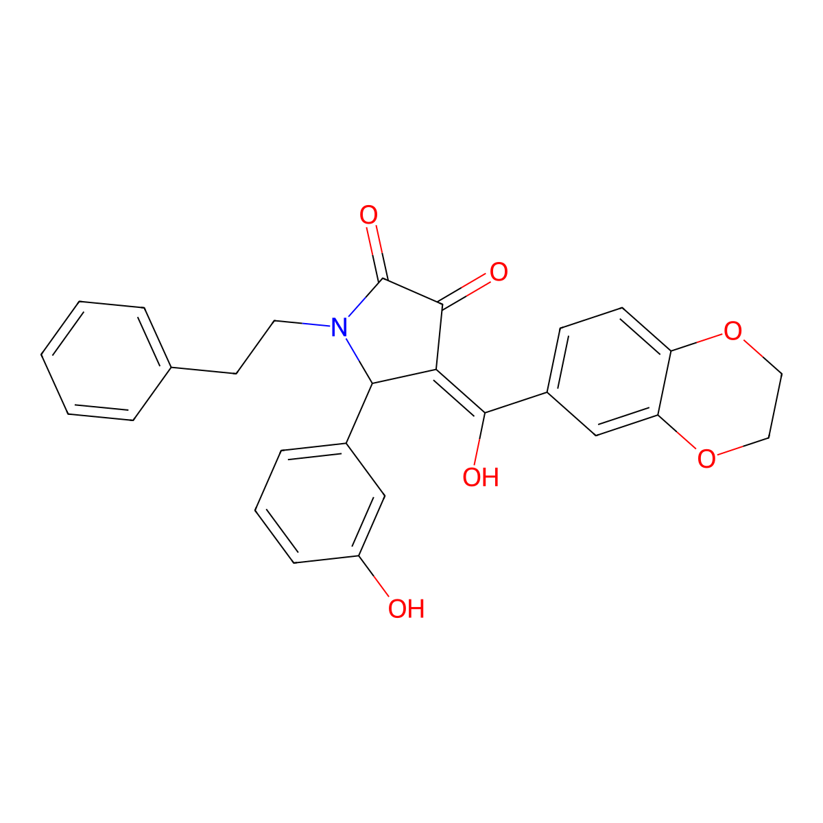 4-(2,3-dihydro-1,4-benzodioxine-6-carbonyl)-3-hydroxy-5-(3-hydroxyphenyl)-1-(2-phenylethyl)-2,5-dihydro-1H-pyrrol-2-one molecular structure, CAS 618856-15-8