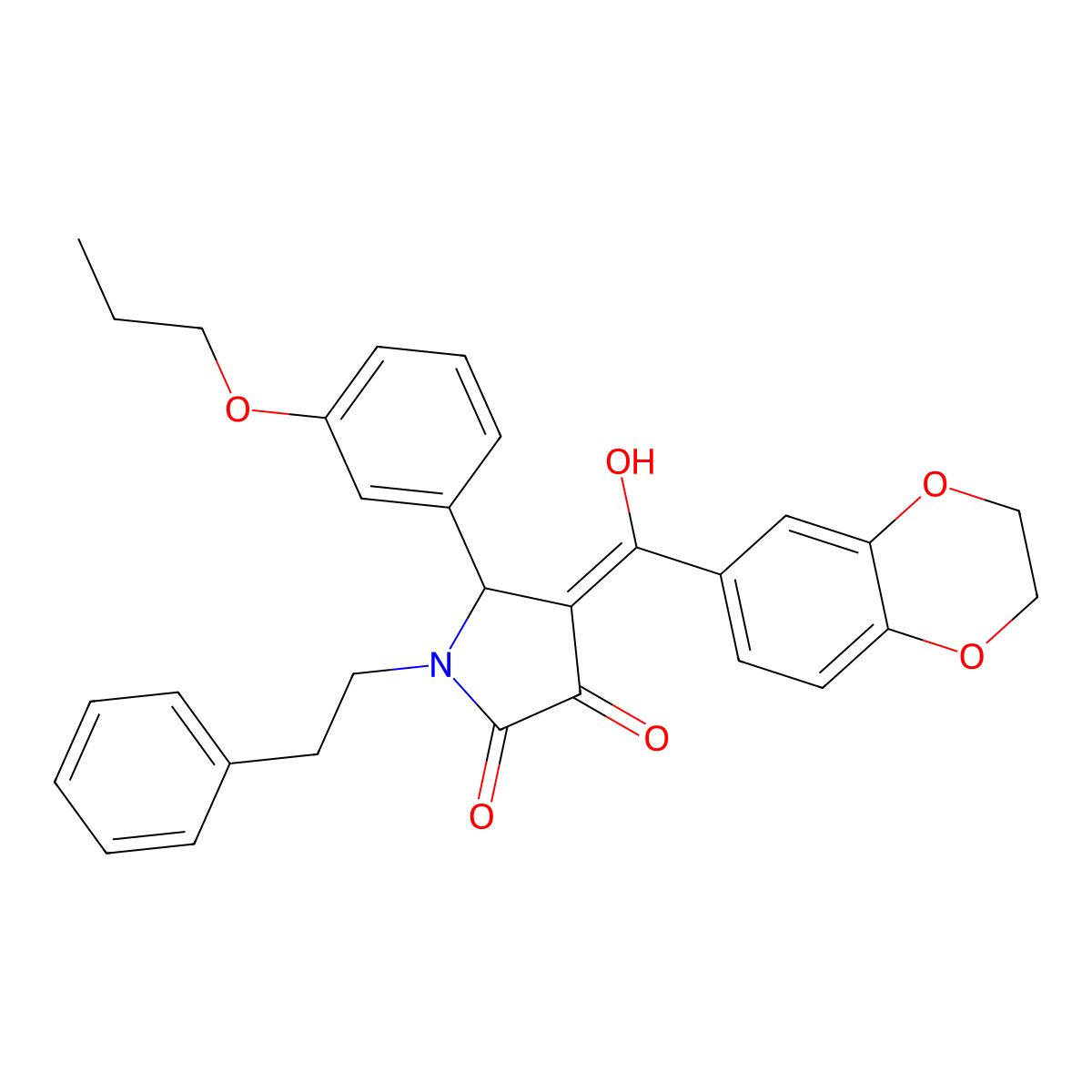 4-(2,3-dihydro-1,4-benzodioxine-6-carbonyl)-3-hydroxy-1-(2-phenylethyl)-5-(3-propoxyphenyl)-2,5-dihydro-1H-pyrrol-2-one molecular structure, CAS 618856-16-9