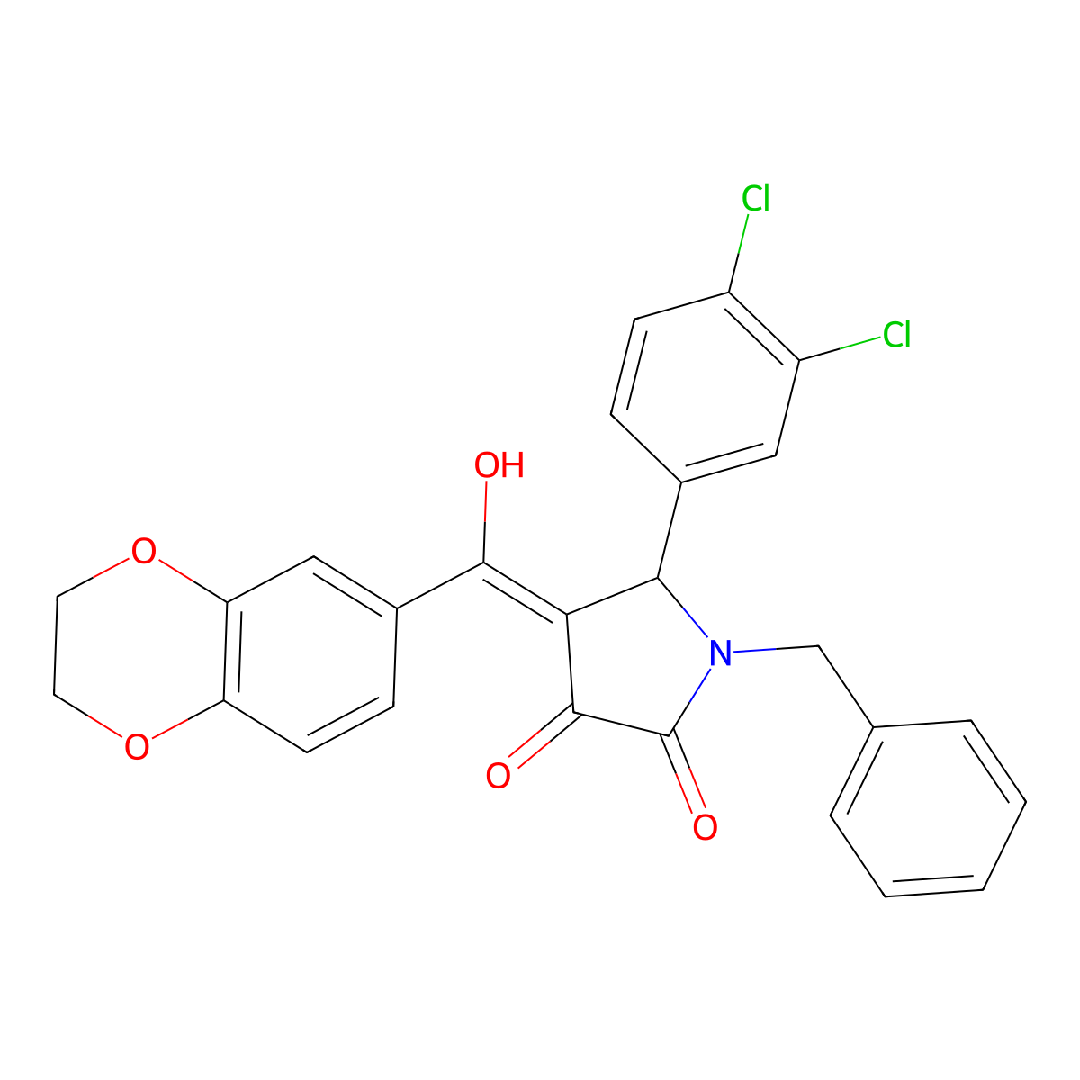 1-benzyl-5-(3,4-dichlorophenyl)-4-(2,3-dihydro-1,4-benzodioxine-6-carbonyl)-3-hydroxy-2,5-dihydro-1H-pyrrol-2-one molecular structure, CAS 618856-28-3