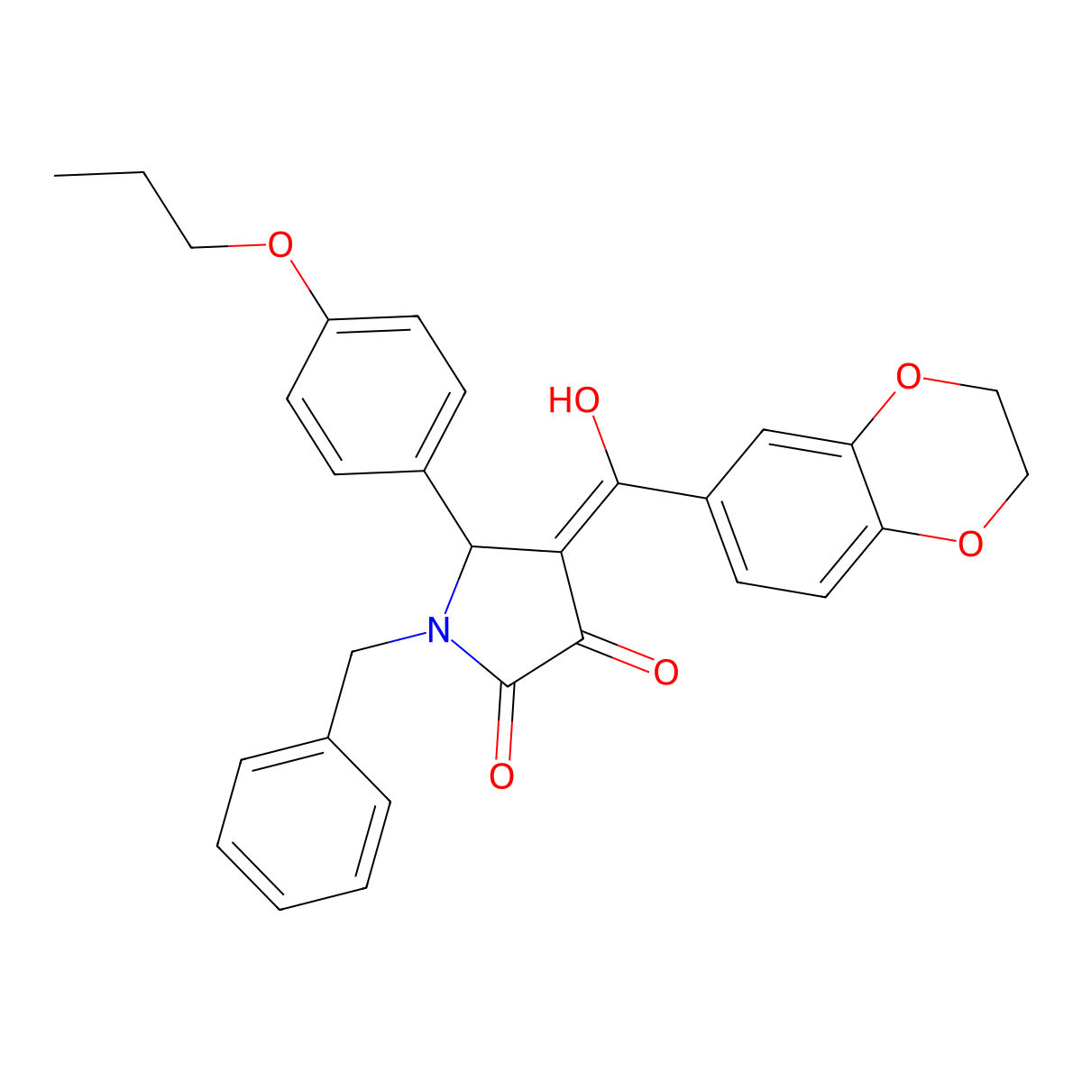 1-benzyl-4-(2,3-dihydro-1,4-benzodioxine-6-carbonyl)-3-hydroxy-5-(4-propoxyphenyl)-2,5-dihydro-1H-pyrrol-2-one molecular structure, CAS 618856-36-3