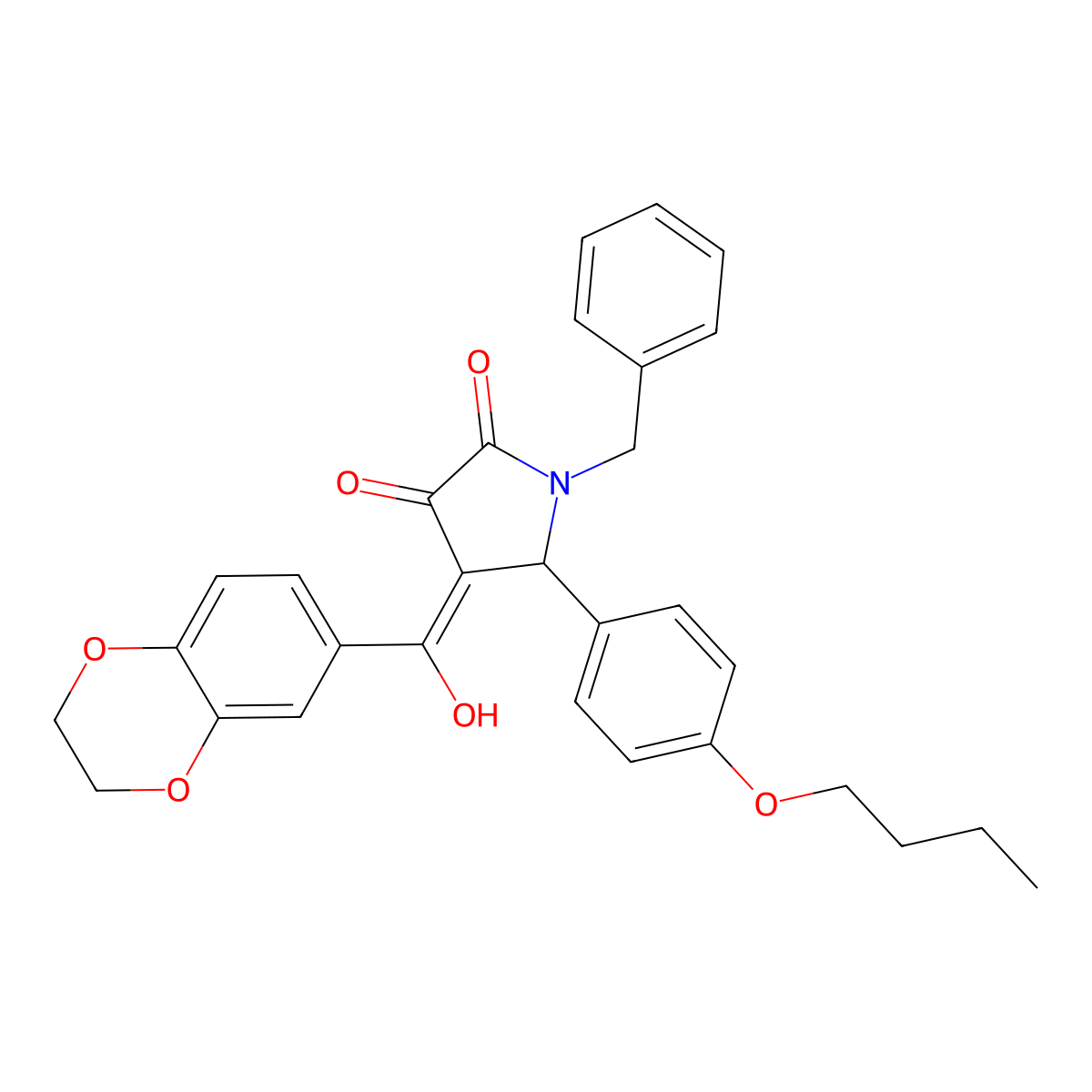 1-benzyl-5-(4-butoxyphenyl)-4-(2,3-dihydro-1,4-benzodioxine-6-carbonyl)-3-hydroxy-2,5-dihydro-1H-pyrrol-2-one molecular structure, CAS 618856-37-4