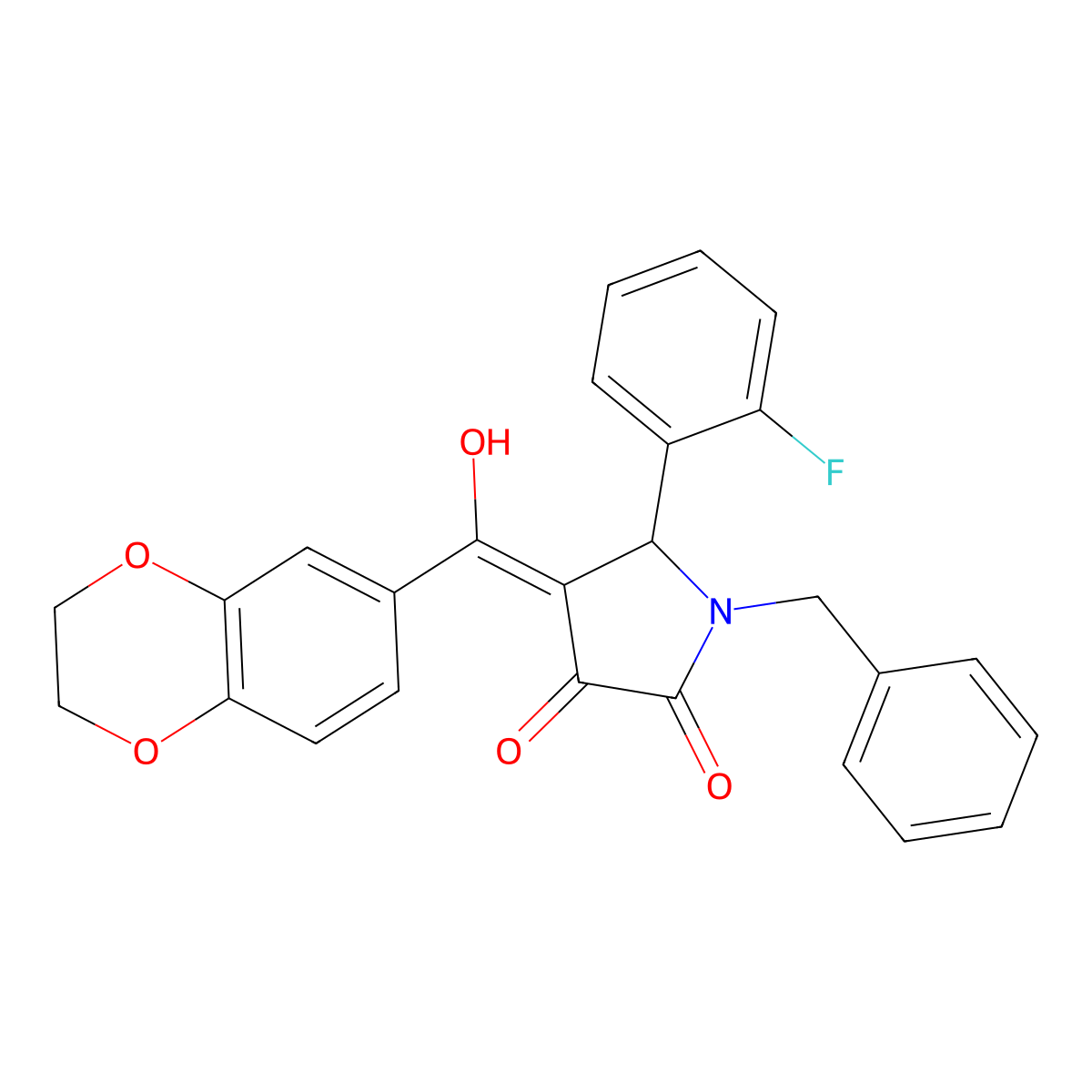 1-benzyl-4-(2,3-dihydro-1,4-benzodioxine-6-carbonyl)-5-(2-fluorophenyl)-3-hydroxy-2,5-dihydro-1H-pyrrol-2-one molecular structure, CAS 618856-42-1